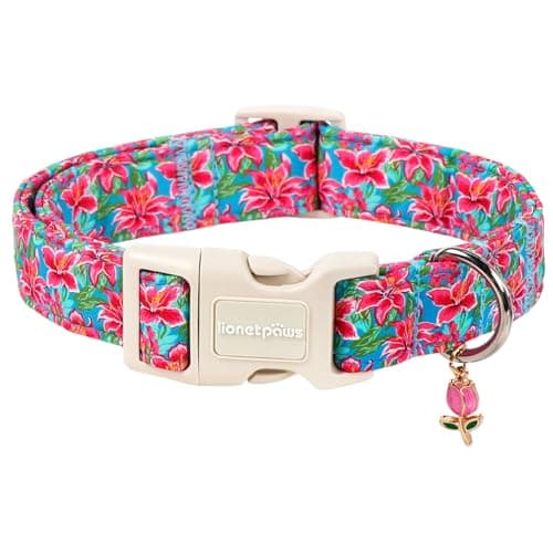 Lionet Paws Floral Dog Collar Summer Lily Collars with Pink Lilies Pattern Pendant - Female Girl Dog Collar for Medium Large Dogs L