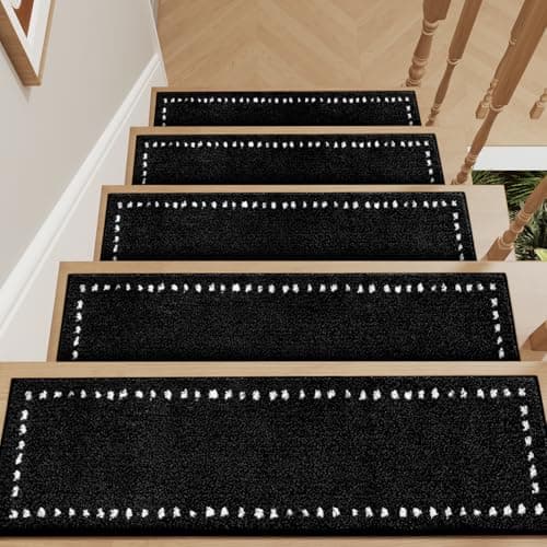 tchdio Stair-Treads Non Slip Indoor 15PC 8"x30" Plush Black Stair Treads for Wooden Steps, Soft Carpet Stair Treads, Peel and Stick Stair Treads Reusable for Kids and Pets, Washable Stair Runner - Image 1