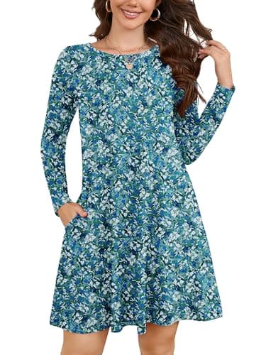 KORSIS Women Long Sleeve T-Shirt Dress Floral Round Neck Casual A-Line Loose Vocation Christmas Tunic Dresses with Pockets S - Image 1