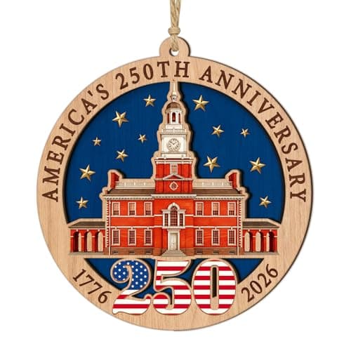 WhatSign 250th Anniversary USA Wood Ornament 1776-2026, 250 America Years Commemorative Independence Hall for Veterans & Patriots, Handcrafted Wooden Keepsake 3.35" - Image 1