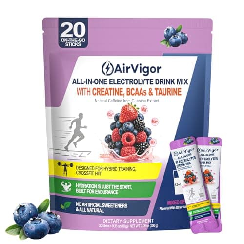 Electrolyte Drink Mix Packets for Hydration & Performance, AirVigor Sugar Free Daily Hydration with Creatine & Amino Support, Low Calorie Electrolyte Powder for Workout, Training & Recovery, 20 Sticks - Image 1