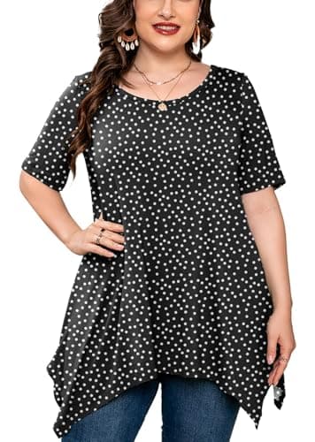 AusLook Plus Size Tops for Women Tunic Clothes Short Sleeve Polkadots Black Summer 1X Blouse Swing Tee Crewneck Clothing Flowy Shirts for Leggings - Image 1