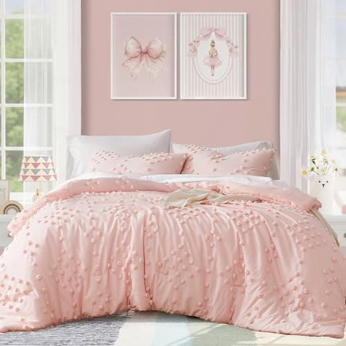 Geniospin Pink Queen Comforter Set for Girls- 7 Pieces Pom Tufted Bed in A Bag Twin Bedding Sets with Sheets, Pillowcases & Shams, All Season Kids Comforter Set - Image 1