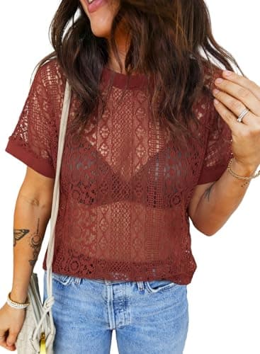 EVALESS Womens Spring Summer Tops 2026 Casual Lace Tops Crewneck Short Sleeve Shirts Sexy Patchwork Cut Out T Shirts Sheer Crochet Knit Beach Cover Up Women's Clothing Red Dahlia X-Large - Image 1