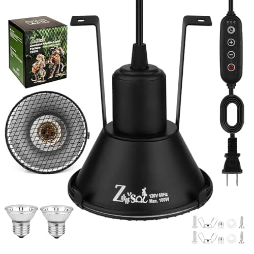 Zooiisol 5-in-1 Reptile Heat Lamp Fixture Anti-Scald Guard 4.7 Inch Hanging Dome Light Fixture with Timer & 2 Pack 50W Halogen Basking Bulb for Bearded Dragon, Gecko, Turtle, Chameleon - Image 1