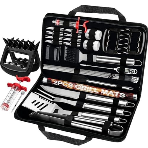 POLIGO 28Pcs Grilling Accessories in Bag with Meat Injector, Barbecue Claws, Mats, Thermometer for Smoker, Camping BBQ Grill Utensil Set Dad Gift for Fathers Day Birthday Grilling Gifts for Men Silver - Image 1