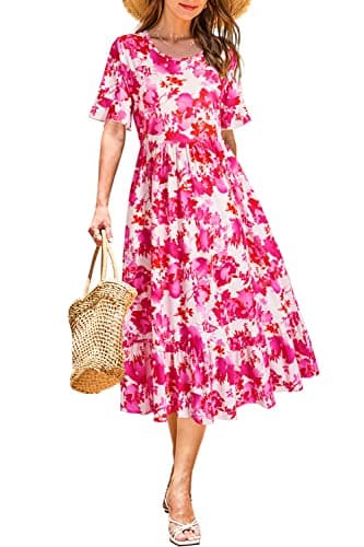 STYLEWORD Women's Summer 2025 Casual Short Sleeve Tiered Flowy Spring Dress Long Midi Beach Sundress Vacation Outfits(Floral13,XXL) - Image 1