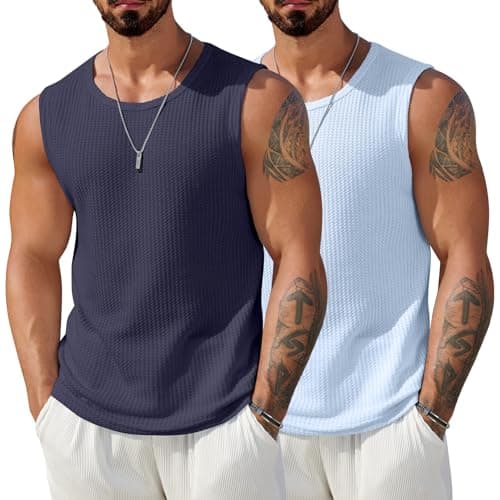 COOFANDY Casual Sleeveless Tee Shirt Mens Waffle Tank Tops 2 Pack Knitted Lightweight Tank Stretchy Light Blue S - Image 1