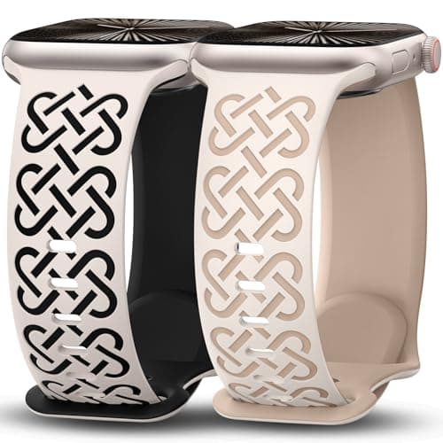 Minyee 2 Pack Engraved Bands Compatible with Apple Watch Band 42/44/45/46/49mm Women, Soft Silicone Two-Tone Celtic Sport Strap for iWatch Series 11 10 9 8 7 6 5 4 SE/Ultra 3 2 1,Starlight/Black/Nude - Image 1
