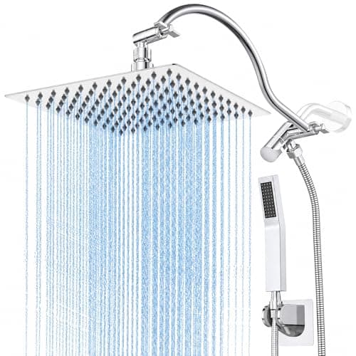 All Metal 10" Rain Showerhead with Handheld Spray Combo, Rainfall Overhead Shower Set with 12.6" Adjustable Extension Arm&Adhesive Bracket for All Families Chrome Waterfall Shower Head with Hose - Image 1