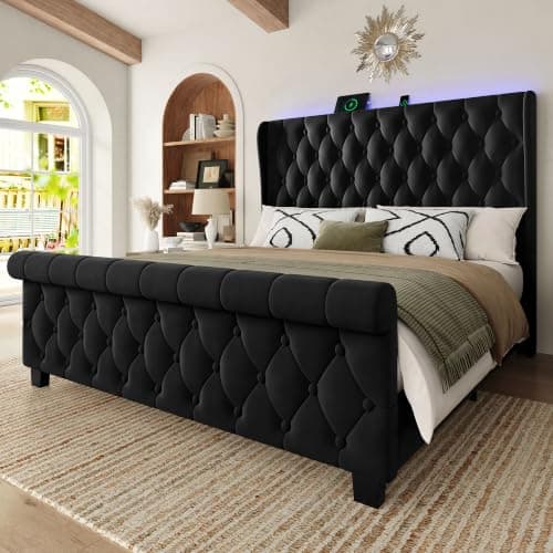 Uteeran King Size Bed Frame with Headboard, Velvet Upholstered Bed Frame with LED Lights & Charging Station, Platform Bed with Wooden Slats Support, Luxury Button Tufted Design, Noise Free, Black