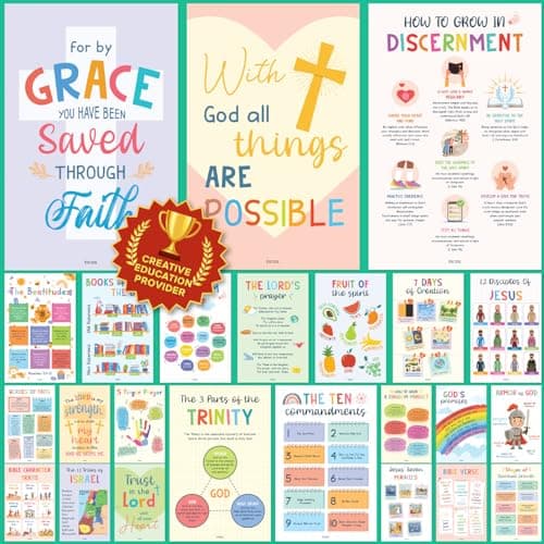 Excool Club Sunday School Decorations For Classroom - 24 Book Of The Bible Posters For Kids, Ten Commandments Fruit Of The Spirit Wall Art, Bible Study Supplies For Christian Classroom Decor (11"x17") - Image 1