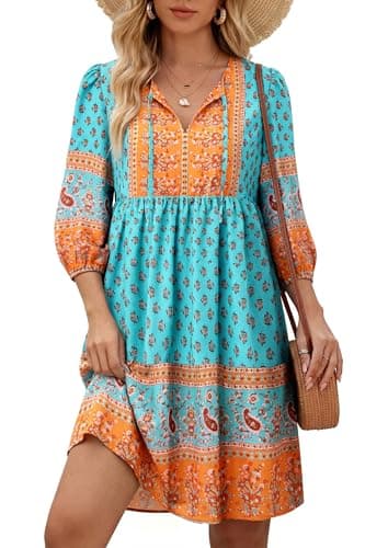 Kate Kasin Women Casual Summer Dresses, V Neck 3/4 Sleeve Floral Beach Dress, Flowy Boho Babydoll Mini Short Dresses Pockets - Image 1