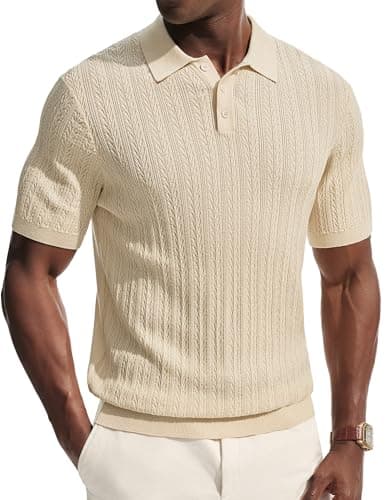 PJ PAUL JONES Mens Short Sleeve Knit Polo Shirts Casual Textured Polo Golf Shirts Summer Beach Shirt Beige XL - Image 1