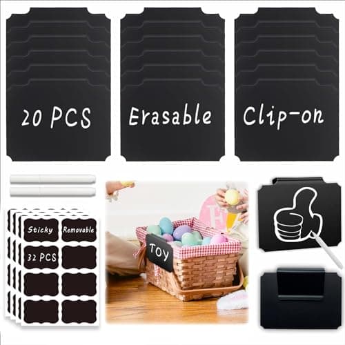 54-Piece Set of Basket Labels Clip On For Storage Bins: 20 Erasable Plastic Kitchen Pantry Labels, 32 Removable PVC Tag Stickers, 2 White Chalk Markers, For Organization Container, Jar, Shelf, Laundry - Image 1