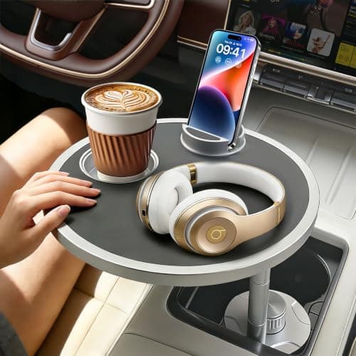 Car Food Tray & Car Table Tray with Car-Grade Aluminum Cup Holder & Phone Stand, Premium Wood with Leather Surface, 360° Rotating Car Desk for Laptop &Eating (Round, Black) - Image 1
