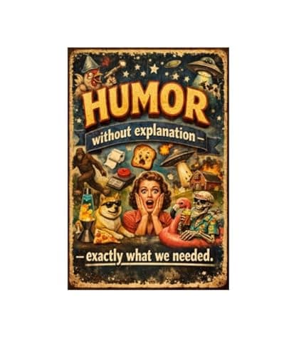 Humor Without Explanation Metal Tin Sign Funny Retro Wall Decor UFO Alien Sasquatch Dogo Pizza Skeleton Lava Lamp 8x12 Inch Iron Art Plaque Vintage Humor Poster - Image 1