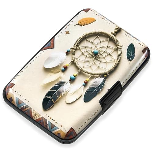 Mayski Credit Card Holder, RFID Blocking, Aluminum Alloy Hard Case, Small Mini Business Metal Wallet for Women Men, Boho Feathers - Image 1
