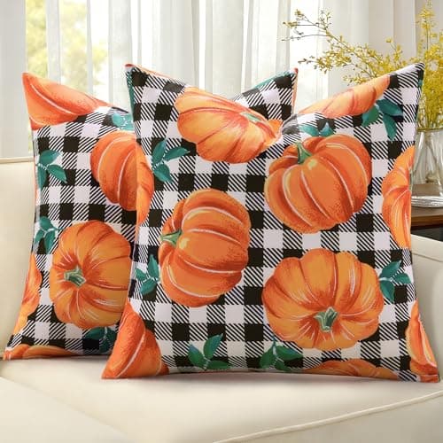 decorUhome Summer Orange Pumpkin Linen Decorative Throw Pillow Covers 18x18 Set of 2 Buffalo Plaid Check Farmhouse Gingham Cushion Covers for Couch Sofa Bed - Image 1