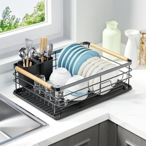 jouzevic Dish Racks for Kitchen Counter: Wooden Handles, Thickened Metal, No Assembly. Small Dish Drying Rack: Ideal for Small Households. Drying Rack Kitchen: Black - Image 1