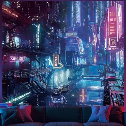 Anime Punk City Wall Tapestry for Bedroom, Japanese Futuristic Neon Night Street Cyberpunk Tapestries Aesthetic, Futurism Skyscraper Backdrop for Living Gaming Room Dorm Decor 51in X 60in - Image 1