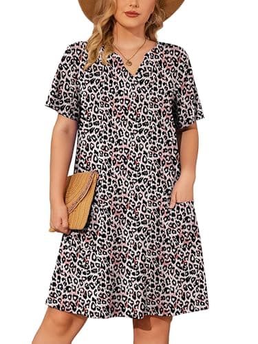 AusLook Plus Size Midi Dress for Women V Neck Short Sleeve Summer Casual Loose Fit Vacation 4X Sundress with Pockets - Image 1