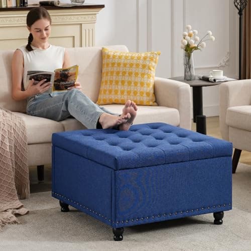 Tbfit Large Square Tufted Upholstered Ottoman and Coffee Table with Storage, Oversized Footrest Bench for Living Room Bedroom, Blue - Image 1