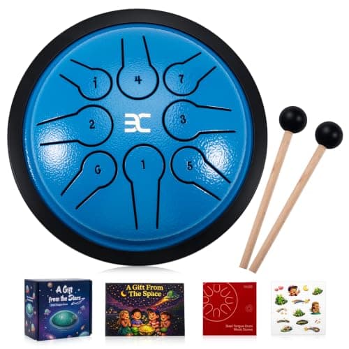 EX Steel Tongue Drum UFO Shape Design, Space Story Gift Set with Book & Stickers, 5.3 Inch 8 Notes Rain Drum for Outside Garden, Musical Instruments for Kids Adult Gift, Calming Drum, Blue - Image 1