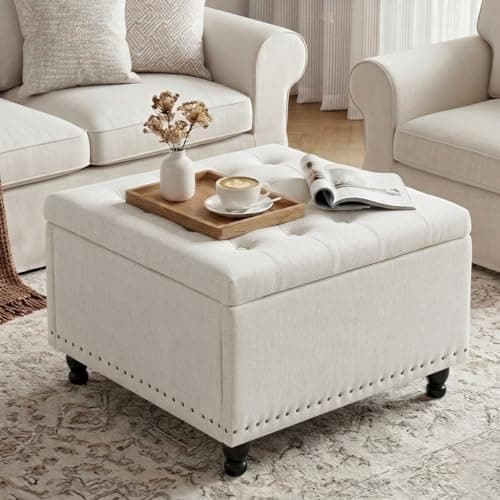 Tbfit Large Square Storage Ottoman Bench, Botton Tufted Upholstered Coffee Table with Wooden Legs, Oversized Storage Ottomans Toy Box Footrest for Living Room, Apartment, Beige - Image 1