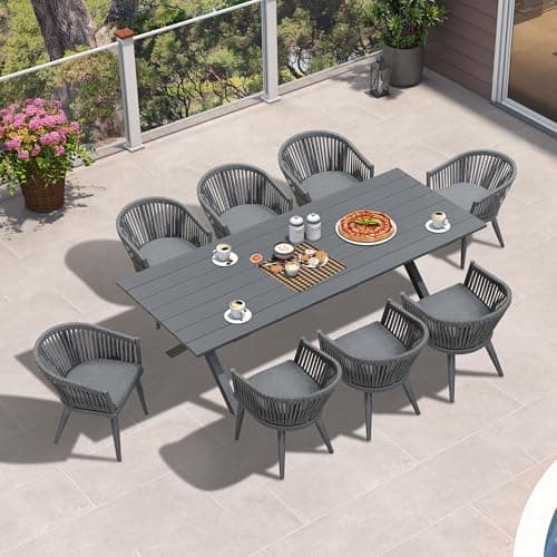 PURPLE LEAF 9 Pieces Outdoor Dining Set with Longer Aluminum Table, Grey - Image 1
