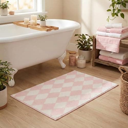 GRANNY SAYS Diamond Bathroom Rugs, 16" x 24", Non-Slip Bath Mats for Bathroom, Plush Shag Absorbent Microfiber Ultra Soft Bath Mat, Cute Washable Rug for Tub, Shower, Bedroom, Pink - Image 1