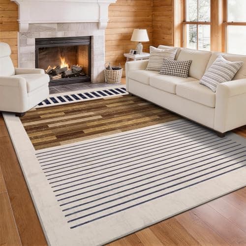 YIHOUSE 8x10 Washable Area Rugs for Living Room, Brown Black and White Striped Rug for Bedroom Non Slip Low Pile, Minimalist Modern Geometric Carpet for Room Office Home Decor - Image 1