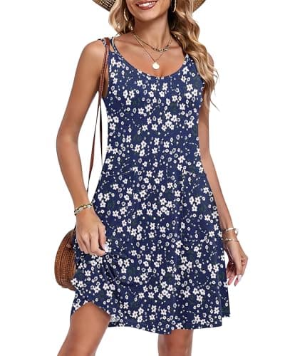 AUSELILY Women's Beach Cover Up Vacation Summer Spaghetti Strap Dress Sleeveless Flowy Sundresses with Pocket Navy Leaf Floral 3XL - Image 1