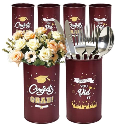 Pack of 6 Graduation Centerpieces Vase for Tables 2026, Galvanized Metal Tin Holder for Flowers Grad Caps Utensil, Congrats Grad Mason Jars for Home Party Decorations Supplies, Reddish Brown - Image 1