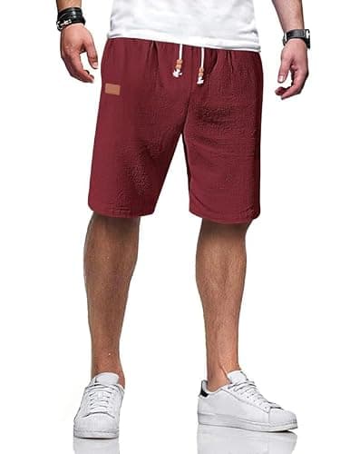 AUSELILY MEN Men's Cotton Linen Shorts 9 inch Drawstring Casual Elastic Waist Mens Summer Beach Vacation Shorts Big and Tall with Pockets Wine Red M - Image 1