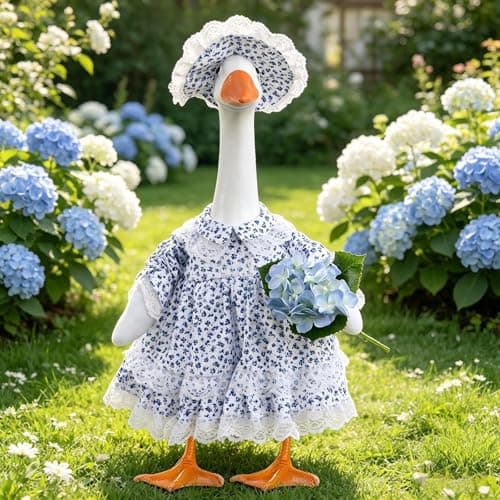 Sukione Porch Goose Outfits with Hydrangea Flowers Bouquet, 23 inch Blue Floral Lawn Geese Clothes Dress with Hat Costume Set for Spring Summer Outdoor Garden Patio Yard Decor - Image 1