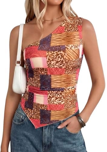 PRETTYGARDEN Going Out Tops for Women Floral Mesh Y2K Shirt 2026 Summer One Shoulder Asymmetrical Spring Vacation Clothes (Khaki Leopard,XX-Large) - Image 1