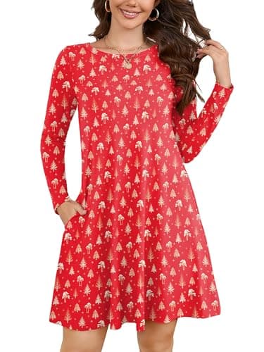 KORSIS Women Long Sleeve T-Shirt Dress Floral Round Neck Casual A-Line Loose Vocation Christmas Tunic Dresses with Pockets Red Snow Trees XL - Image 1