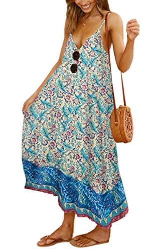 Angashion Women's Dresses Floral Adjustable Spaghetti Strap V Neck Boho Long Maxi Dress Summer Beach Flowy Ethnic Sundress 2142 Yellow Medium - Image 1