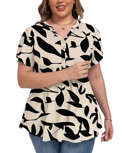 PLOKNRD Womens Plus Size Short Sleeve Tunic Tops Floral T-Shirts V-neck Summer Dressy Blouse Casual Pleated Pullover 2026 4X - Image 1
