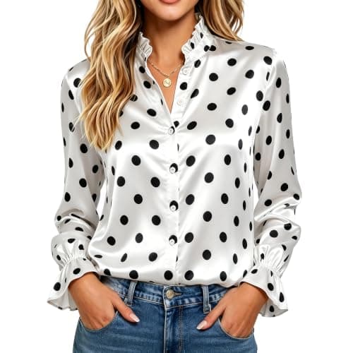 Funlingo Button Down Shirts for Women Silk Satin Ruffle Long Sleeve Blouses Polka Dot Tops Business Casual Outfits 2026 Fall Fashion Clothes XL - Image 1