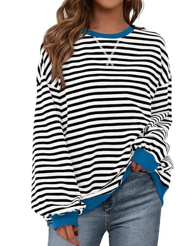 BTFBM Sweatshirt For Women 2026 Summer Crewneck Long Sleeve Oversized Striped Pullover Tops Y2K Clothes Workout Shirt(Black White, X-Large) - Image 1