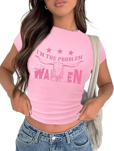 Tewmeu Cowgirl Outfits for Women Cropped Western Tops Y2k Country Concert Graphic Tees Trendy Country Music Tshirt Pink - Image 1