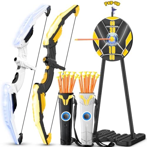 2 Pack Bow and Arrow for Kids, LED Light Up Archery Set with 20 Suction Cup Arrows&2 Quivers Indoor Outdoor Games for Kids Ages 4-8 8-12 Birthday Gifts Toys for 5 6 7 8 9 10 11 12 Year Old Boys Girls