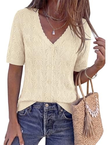 PRETTYGARDEN Short Sleeve Crochet Tops for Women Trendy 2026 Summer Cardigan Sweaters Button Up Lightweight Shrug for Dress (Beige, Large) - Image 1