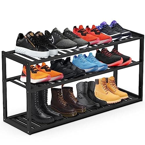 Jripae Bamboo Shoe Rack for Closet, 3 Tier 32.5inch Longer Shoe Organizer Shelf Holder Storage 12-15 Pairs Stackable for Entryway Door Hallway Bedroom Garage Space Saving Foldable Black