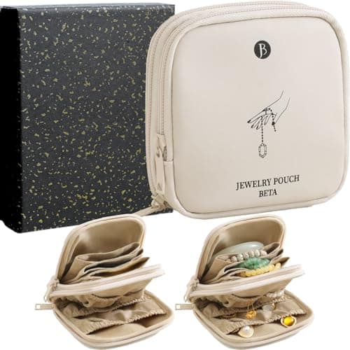 tianzong Small Travel Jewelry Case, Gift for Women, Tangle-Free Jewelry Pouch Bag with Gift Box, Waterproof PU Jewelry Organizer for Valuables (Beige, Double Zipper) - Image 1