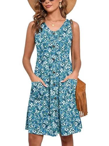 Heymoments Women Summer Dress Monet Garden Large Sleeveless V Neck Casual Cute Loose Sundress Comfy Swing Button Down Midi Work Flowy Tunic Ladies Beach Vacation Teacher Dresses with Pockets - Image 1