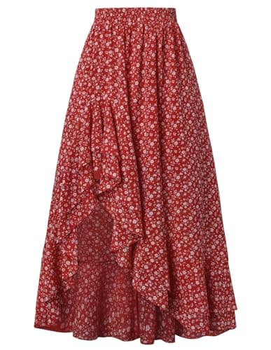 Women's Floral Maxi Skirts High Waist Summer Boho Flowy Ruffle Long Skirt with Pockets Crimson White Floral 2XL - Image 1