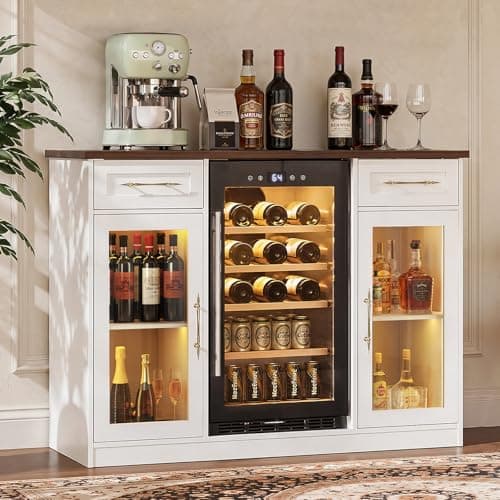 Lamtor Coffee Bar Cabinet with Fridge Space - Modern Wine Bar Cabinet with LED Light & Drawer, Mini Fridge Stand with Power Outlet for Kitchen Dining Room, White - Image 1